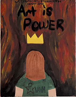 Painting of person looking into a flame with a crown floating above their head. Text: Art is Power.